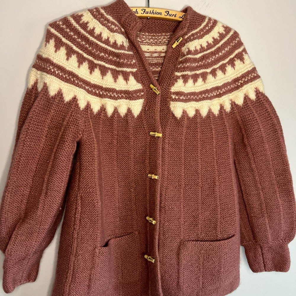 Cozy Hand Knit wool blend fair isle cottage-core cardigan, Dusty Rose